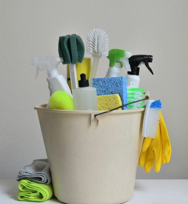 Cleaning products in a bucket